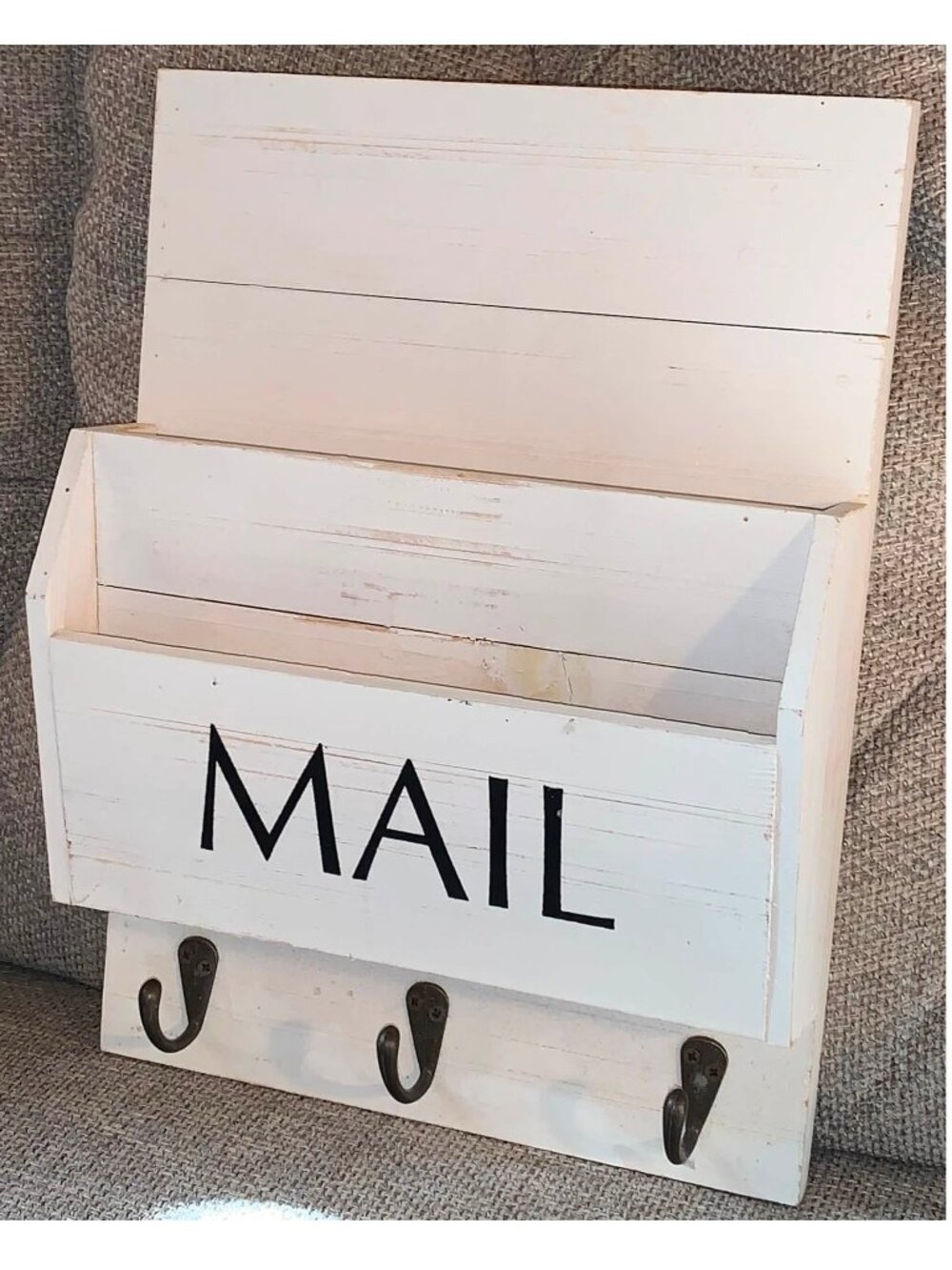 White Wooden Decorative Wall Mounted 2-Slot Mail Organizer w/ 3 Key Hooks